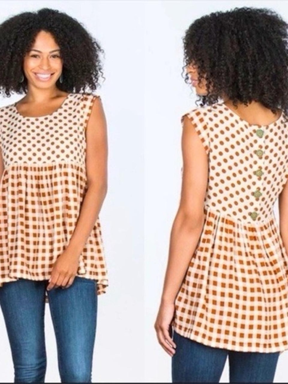 Matilda Jane Tan Polka Dot & Gingham Sleeveless Peplum Button Back Top Size M